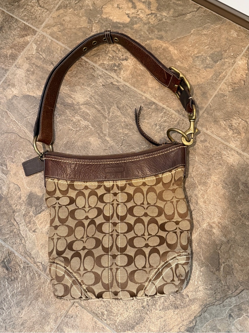 Coach Legacy Signature Convertible Bucket Duffel Shoulder Bag Brown & Tan